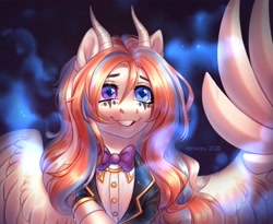 Size: 3300x2700 | Tagged: safe, artist:fenwaru, imported from derpibooru, oc, oc only, pegasus, pony, bowtie, clothes, high res, horns, jacket, magic, shirt, smiling, spread wings, suit, wings