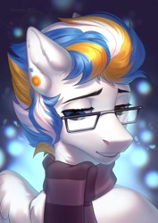 Size: 2480x3507 | Tagged: safe, artist:fenwaru, imported from derpibooru, oc, oc only, oc:alan techard, pegasus, pony, aperture science, clothes, ear piercing, earring, glasses, heterochromia, high res, jewelry, piercing, portal (valve), scarf, smiling, solo