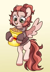 Size: 1354x1926 | Tagged: safe, artist:futoomoidasena1, imported from derpibooru, pegasus, pony, chips, clothes, flying, food, happy, hoodie, open mouth, potato chips, smiling, solo, spread wings, wings