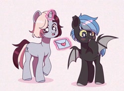 Size: 2111x1551 | Tagged: safe, artist:futoomoidasena1, imported from derpibooru, oc, oc only, bat pony, pony, unicorn, biting, blushing, heart, hoof biting, letter, magic, nervous, spread wings, telekinesis, wings