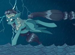 Size: 2048x1518 | Tagged: safe, artist:n in a, imported from derpibooru, oc, oc only, oc:aqua borealis, pegasus, pony, flying, frown, lightning, ocean, rain, sad, solo, spread wings, water, wings