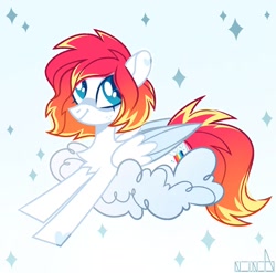 Size: 1893x1867 | Tagged: safe, artist:n in a, imported from derpibooru, oc, oc only, oc:spectrum beam, pegasus, pony, chest fluff, cloud, lying down, lying on a cloud, on a cloud, smiling, solo, sparkles