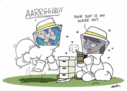 Size: 1024x728 | Tagged: safe, artist:bobthedalek, imported from derpibooru, dj pon-3, octavia melody, vinyl scratch, bee, earth pony, insect, pony, unicorn, bee sting, beehive, beekeeper, cartoon logic, cartoon physics, clothes, duo, epic fail, fail, not our finest moment, simple background, smoke, this will end in pain, this will end in the hospital, white background