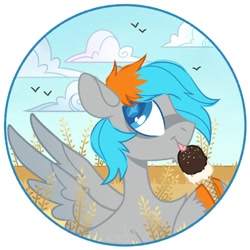 Size: 2000x2000 | Tagged: safe, artist:n in a, imported from derpibooru, oc, oc only, oc:shade flash, pegasus, pony, food, high res, ice cream, licking, pegasus oc, smiling, solo, spread wings, tongue out, wings