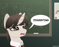 Size: 2620x2071 | Tagged: safe, artist:andaluce, imported from derpibooru, oc, oc only, oc:sepher gray, pony, unicorn, chalkboard, circuit, clothes, foal, high res, horn, lineless, male, reaction image, solo, stallion, unicorn oc