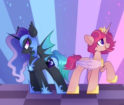Size: 2048x1727 | Tagged: safe, artist:n in a, imported from derpibooru, nightmare moon, princess cadance, oc, oc only, oc:delusive rose, oc:moondrive, bat pony, unicorn, clothes, costume, fake cutie mark, fake horn, fake wings, rubronycon, smiling, spread wings, wings