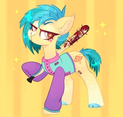 Size: 2048x1953 | Tagged: safe, artist:n in a, imported from derpibooru, earth pony, pony, baseball bat, blood, clothes, jacket, looking at you, nosebleed, smiling, sparkles, spiked bat, varsity jacket