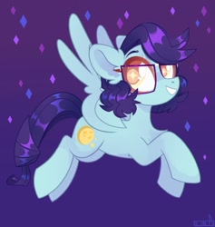 Size: 1945x2048 | Tagged: safe, artist:n in a, imported from derpibooru, oc, oc only, pegasus, pony, flying, glasses, grin, looking at you, smiling, solo, spread wings, wings