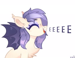 Size: 2048x1592 | Tagged: safe, artist:n in a, imported from derpibooru, oc, oc only, bat pony, pony, ear piercing, earring, eeee, eyes closed, happy, jewelry, piercing, smiling, solo, spread wings, wings