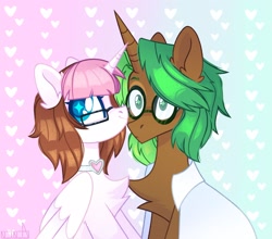 Size: 2262x1993 | Tagged: safe, artist:n in a, imported from derpibooru, oc, oc only, alicorn, pony, unicorn, chest fluff, choker, clothes, glasses, heart, shirt, smiling, wide eyes