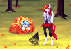 Size: 5306x3651 | Tagged: safe, artist:scarlet-spectrum, imported from derpibooru, oc, oc only, oc:diamond sun, oc:hawker hurricane, anthro, pegasus, pony, unguligrade anthro, series:pet hawk, anthro with ponies, autumn, clothes, colt, commission, duo, eyeroll, female, hawkmond, leaves, male, mare, rake, skirt, smiling, tree, wings