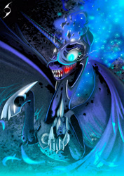 Size: 2059x2912 | Tagged: safe, artist:blackrunewarlock, imported from derpibooru, nightmare moon, alicorn, pony, blue eyes, blue mane, ethereal mane, evil, evil grin, eyelashes, fangs, female, grin, high res, hoof shoes, horn, magic, metal as fuck, night, nightmare fuel, open mouth, smiling, solo, starry mane, wings