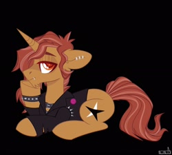 Size: 2048x1847 | Tagged: safe, artist:n in a, imported from derpibooru, oc, oc only, pony, unicorn, clothes, ear piercing, earring, eyes back, frown, jacket, jewelry, lidded eyes, looking at you, lying down, piercing, prone, solo, spiked wristband, wristband