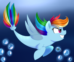 Size: 1200x1000 | Tagged: safe, artist:drashercrash, imported from derpibooru, rainbow dash, pegasus, pony, seapony (g4), bubble, clothes, crepuscular rays, female, fin wings, fish tail, flowing mane, flowing tail, grin, ocean, open mouth, pink eyes, seaponified, seapony rainbow dash, see-through, signature, smiling, solo, species swap, swimming, tail, teeth, underwater, water, wings