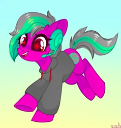 Size: 1725x1813 | Tagged: safe, artist:n in a, imported from derpibooru, oc, oc only, earth pony, pony, clothes, fangs, happy, headset, hoodie, open mouth, smiling, solo