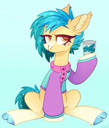 Size: 1932x2252 | Tagged: safe, artist:n in a, imported from derpibooru, earth pony, pony, blood, clothes, cloven hooves, cup, jacket, lidded eyes, looking at you, nosebleed, smiling, solo, solo jazz, sparkles, varsity jacket