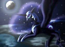 Size: 1671x1206 | Tagged: safe, artist:bluediamondoficial01, imported from derpibooru, nightmare moon, alicorn, pony, blue eyes, blue mane, colored pupils, ethereal mane, female, hoof shoes, horn, moon, moonlight, night, signature, sky, smiling, solo, spread wings, starry mane, stars, water, wings