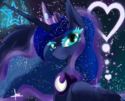 Size: 889x720 | Tagged: safe, artist:bluediamondoficial01, imported from derpibooru, princess luna, alicorn, pony, blue eyes, blue mane, crown, ethereal mane, eyelashes, female, flowing mane, heart, horn, jewelry, looking at you, regalia, signature, sky, smiling, solo, starry mane, stars, wings