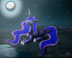 Size: 1808x1443 | Tagged: safe, artist:bluediamondoficial01, imported from derpibooru, princess luna, alicorn, pony, blue eyes, blue mane, colored pupils, crown, ethereal mane, eyelashes, female, flowing mane, folded wings, horn, jewelry, looking up, moon, moonlight, regalia, signature, sky, solo, starry mane, stars, wings