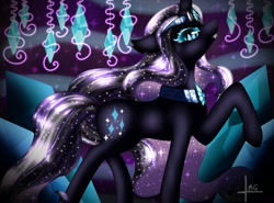 Size: 1380x1021 | Tagged: safe, artist:bluediamondoficial01, imported from derpibooru, nightmare rarity, pony, unicorn, blue eyes, crown, eyelashes, fangs, female, flowing mane, grin, jewelry, looking at you, necklace, purple mane, regalia, signature, smiling, solo, sparkles, stars