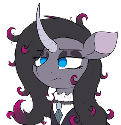 Size: 1024x1056 | Tagged: safe, artist:ljdamz1119, imported from derpibooru, fluttershy, oleander, unicorn, them's fightin' herds, clothes, clothes swap, community related, curved horn, digital art, eyeshadow, female, fluttergoth, frown, goth, horn, lidded eyes, makeup, mare, oleander (tfh), simple background, solo, transparent background