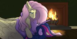 Size: 1280x651 | Tagged: safe, artist:mushroomdoggo, imported from derpibooru, fluttershy, twilight sparkle, alicorn, pegasus, pony, female, fire, fireplace, lesbian, looking at each other, lying down, mare, shipping, smiling, snuggling, twilight sparkle (alicorn), twishy