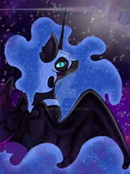 Size: 1280x1707 | Tagged: safe, artist:finnova, imported from derpibooru, nightmare moon, alicorn, pony, blue eyes, blue mane, cloud, deviantart watermark, ear fluff, ethereal mane, female, flowing mane, helmet, horn, looking up, moonlight, night, obtrusive watermark, solo, spread wings, starry mane, stars, watermark, wings