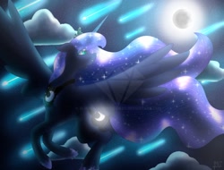 Size: 1804x1371 | Tagged: safe, artist:bluediamondoficial01, imported from derpibooru, princess luna, alicorn, pony, blue mane, crown, ethereal mane, female, flowing mane, flying, glow, glowing, hoof shoes, horn, jewelry, moon, moonlight, regalia, solo, spread wings, starry mane, stars, watermark, wings