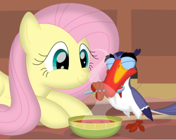 Size: 3548x2811 | Tagged: safe, artist:porygon2z, imported from derpibooru, fluttershy, bird, pegasus, pony, toucan, bowl, crossover, disney, duo, eyes closed, female, food, high res, hornbill, lying down, male, mare, prone, smiling, soup, spoon, the lion king, zazu