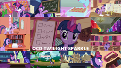 Size: 1280x721 | Tagged: safe, edit, edited screencap, editor:quoterific, imported from derpibooru, screencap, berry punch, berryshine, carrot top, cherry berry, cup cake, golden harvest, spike, twilight sparkle, twinkleshine, alicorn, dragon, pony, unicorn, friendship is magic, it's about time, lesson zero, school daze, season 1, season 2, season 3, season 5, season 6, season 8, season 9, secret of my excess, shadow play, spike at your service, swarm of the century, testing testing 1-2-3, the crystal empire, the crystalling, the hooffields and mccolts, the saddle row review, uprooted, winter wrap up, spoiler:s08, spoiler:s09, book, chalkboard, clipboard, golden oaks library, inkwell, ocd, quill, saddle, tack, twilight sparkle (alicorn), twilight's castle, unicorn twilight, welcome princess celest