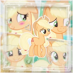 Size: 2560x2560 | Tagged: safe, edit, edited screencap, editor:wittleponiez, imported from derpibooru, screencap, applejack, earth pony, pony, aesthetics, applejack's hat, blushing, collage, cowboy hat, cute, female, food, happy, hat, high res, instagram, jackabetes, mare, orange, photoshop, smiling, solo, sparkles