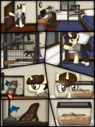 Size: 1750x2333 | Tagged: safe, artist:99999999000, imported from derpibooru, oc, oc only, oc:cwe, beetle, fish, insect, pony, unicorn, comic:visit, aquarium, ar15, assault rifle, bed, bedroom, clock, clothes, comic, computer, door, gun, male, mp5, rifle, room, shotgun, soda, solo, stag beetle, submachinegun, weapon
