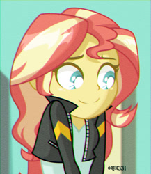 Size: 1920x2212 | Tagged: safe, artist:orin331, imported from derpibooru, sunset shimmer, equestria girls, clothes, cute, female, high res, jacket, shimmerbetes, shrug, smiling, solo, style emulation