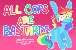 Size: 2866x1883 | Tagged: safe, artist:connorbal, deleted from derpibooru, imported from derpibooru, rainbow dash, pegasus, pony, acab, alternate hairstyle, angry, comments locked down, female, gritted teeth, mare, mouthpiece, politics, sitting, solo, text
