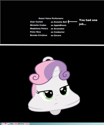 Size: 500x600 | Tagged: safe, edit, edited screencap, imported from derpibooru, screencap, sweetie belle, bell, credits, end credits, inanimate tf, misspelling, my little brony, name pun, pun, solo, sweetie bell, sweetie belle is not amused, transformation, unamused, visual pun, you had one job