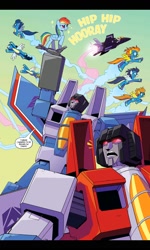 Size: 1200x2000 | Tagged: safe, idw, imported from derpibooru, blaze, rainbow dash, soarin', spitfire, pony, spoiler:comic, spoiler:the magic of cybertron02, cheering, clothes, cybertronian, female, flying, male, my little pony, shocked, skywarp, starscream, starscream vs rainbow dash, the magic of cybertron, thundercracker, transformers, uniform, wonderbolts, wonderbolts uniform