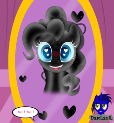 Size: 3840x4154 | Tagged: safe, artist:damlanil, imported from derpibooru, pinkie pie, earth pony, latex pony, original species, pony, blue sclera, blushing, carousel boutique, comic, cute, diapinkes, female, happy, heart, heart eyes, high res, latex, living latex, looking at you, mare, mind control, mirror, open mouth, rubber, shiny, shiny mane, simple background, smiling, symbiote, text, transformation, vector, wingding eyes