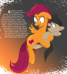 Size: 857x953 | Tagged: source needed, useless source url, safe, artist:bearmation, artist:heavysplatter, imported from derpibooru, scootaloo, oc, oc:uproar, earth pony, pegasus, pony, colt, duo, earth pony oc, female, flapping, flying, male, mare, mother and child, mother and son, offspring, older, older scootaloo, parent:scootaloo, scootaloo can fly, short story, small wings, son, text, wings