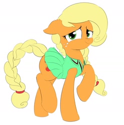 Size: 1753x1777 | Tagged: safe, artist:ponerino, imported from derpibooru, applejack, earth pony, pony, alternate hairstyle, braid, braided tail, clothes, colored, cute, digital, dress, female, flat colors, freckles, jackabetes, lifted leg, looking at you, mare, skirt, smiling, smiling at you, solo