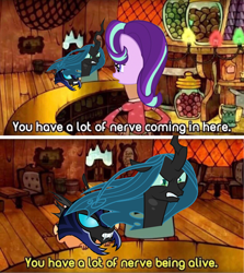 Size: 1430x1601 | Tagged: safe, imported from derpibooru, queen chrysalis, starlight glimmer, changeling, changeling queen, pony, unicorn, angry, changeling guard, changeling soldier, chrysalis sure does hate starlight, female, male, mare, meme, the marvelous misadventures of flapjack