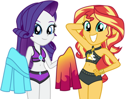 Size: 1024x807 | Tagged: safe, artist:emeraldblast63, imported from derpibooru, rarity, sunset shimmer, equestria girls, equestria girls series, forgotten friendship, arm behind head, armpits, beautiful, belly button, bikini, bikini bottom, clothes, cute, duo, duo female, female, jeweled swimsuit, legs together, midriff, raribetes, rarity's beach shorts swimsuit, rarity's blue sarong, rarity's purple bikini, sarong, shimmerbetes, simple background, sleeveless, sunset shimmer's beach shorts swimsuit, swimsuit, transparent background, vector