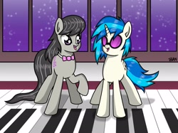 Size: 2315x1736 | Tagged: safe, artist:banquo0, imported from derpibooru, dj pon-3, octavia melody, vinyl scratch, earth pony, pony, unicorn, big (movie), bowtie, dancing, duo, duo female, female, high res, keyboard, mare, musical instrument, piano, sunglasses