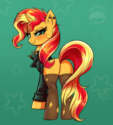 Size: 2171x2404 | Tagged: safe, artist:confetticakez, imported from derpibooru, sunset shimmer, pony, unicorn, equestria girls, bedroom eyes, blushing, bunset shimmer, butt, choker, clothes, cute, ear piercing, earring, female, high res, industrial piercing, jacket, jewelry, leather jacket, lidded eyes, looking at you, looking back, looking back at you, mare, piercing, plot, ripped stockings, seductive, seductive look, sexy, shimmerbetes, simple background, smiling, smirk, socks, solo, spiked choker, stockings, stupid sexy sunset shimmer, thigh highs, torn clothes, watermark