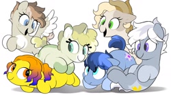 Size: 2048x1150 | Tagged: safe, artist:mochi_nation, imported from derpibooru, oc, oc only, oc:flame cookie, oc:flannel tea, oc:galaxy, oc:melt cookie, oc:moth, oc:silver bolt, oc:sunrich maron, earth pony, pegasus, pony, unicorn, cute, female, freckles, male, mare, pony pile, simple background, stallion, white background