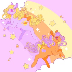 Size: 1440x1440 | Tagged: safe, artist:kirakiracalico, imported from derpibooru, abra-ca-dabra, pumpkin tart, earth pony, pony, bow, candy, candy corn, cloud, duo, food, g3, smiling, starry eyes, stars, tail bow, wingding eyes