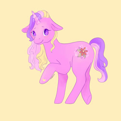 Size: 1280x1280 | Tagged: safe, artist:kirakiracalico, imported from derpibooru, garden wishes, pony, unicorn, g3, horn, raised hoof, signature, simple background, smiling, solo, yellow background