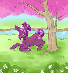 Size: 5400x5760 | Tagged: safe, artist:kirakiracalico, imported from derpibooru, cherry blossom (g3), earth pony, pony, cherry blossoms, female, flower, flower blossom, flower in hair, g3, grass, lying down, mare, one eye closed, outdoors, prone, river, solo, tail bun, tree, wink