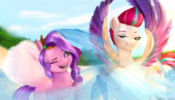 Size: 1920x1097 | Tagged: safe, artist:bellasden, imported from derpibooru, pipp petals, zipp storm, pegasus, pony, adorapipp, adorazipp, beach, cute, duo, duo female, female, g5, mare, obtrusive watermark, royal sisters (g5), siblings, sisters, water, watermark