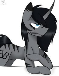 Size: 1187x1532 | Tagged: safe, artist:revenge.cats, imported from derpibooru, pony, unicorn, andy biersack, black veil brides, emo, gradient horn, horn, makeup, ponified, signature, simple background, solo, white background