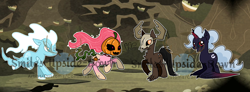 Size: 4964x1836 | Tagged: safe, artist:smilesupsidedown, imported from derpibooru, oc, oc only, alicorn, bat pony, bat pony alicorn, ghost, ghost pony, pony, undead, wendigo, windigo, bat wings, decapitated, halloween, high res, holiday, horn, mask, outdoors, pumpkin, raised hoof, running, tree, windigo oc, wings